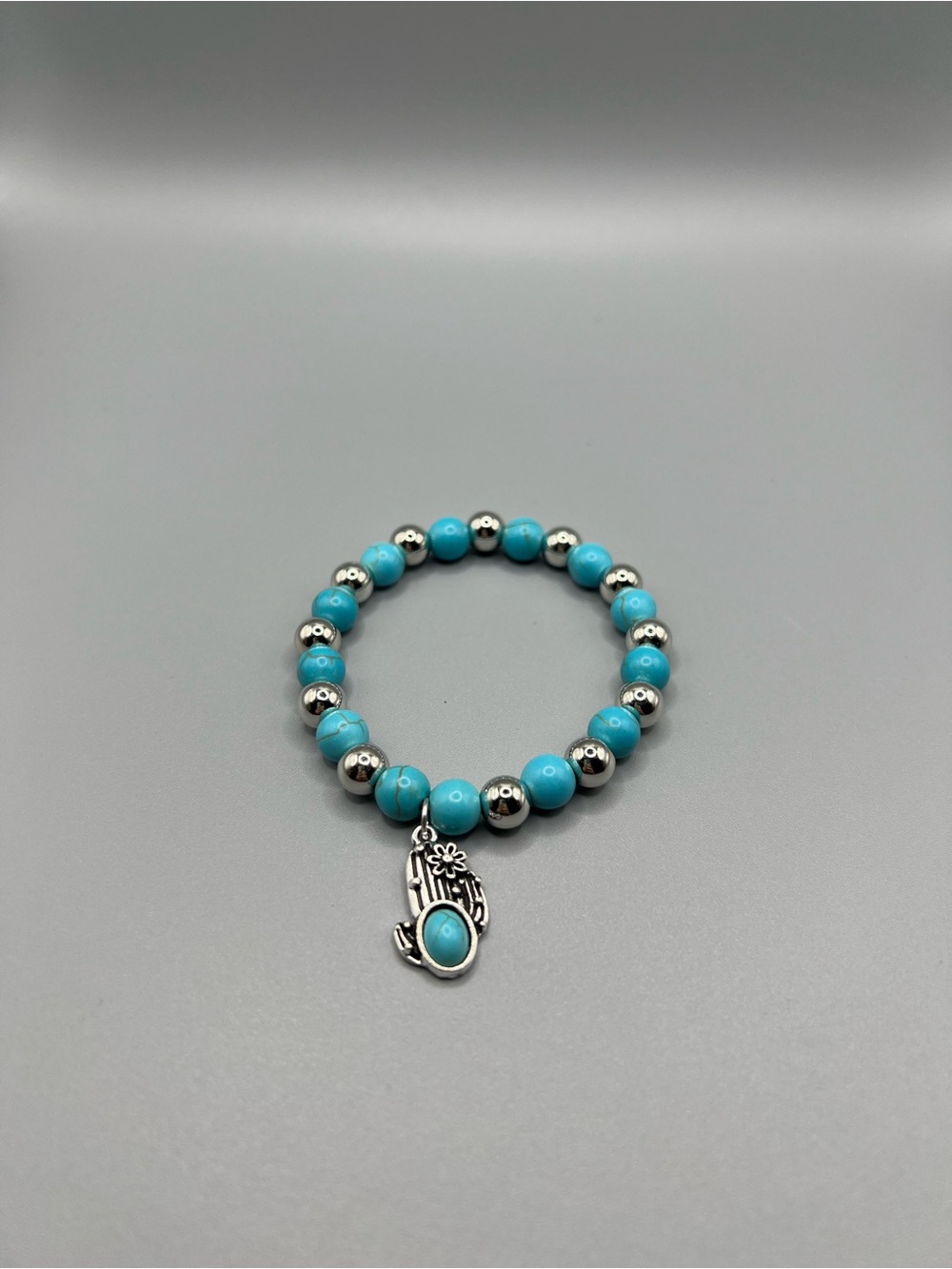 Turquoise Beaded Cactus Charm Stretch Bracelet - Handmade #B0355T
